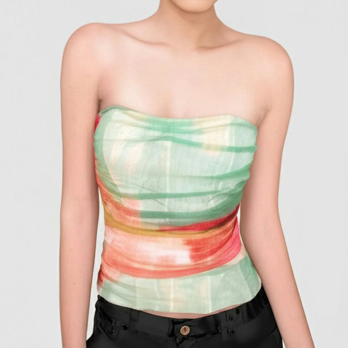 Summer beach gradient print mesh blouse with subtle color gradient and plunging V-neck style paired pleated tank top underneath