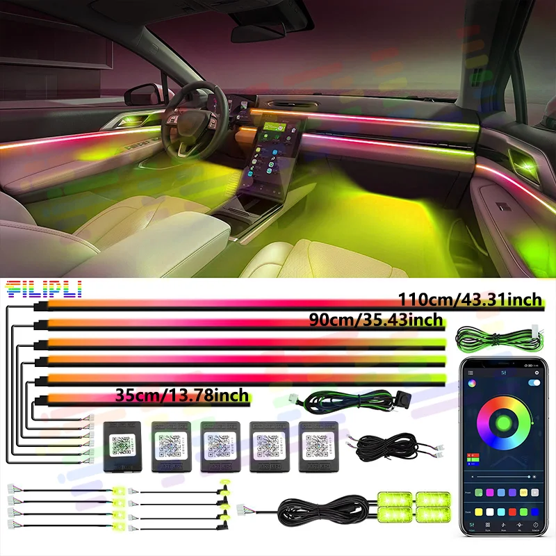 

Многофункциональная автомобильная светодиодная подсветка салона 10-в-1, 213 цветов, управление через приложение, бесшовная подсветка, улучшенный комфорт вождения
