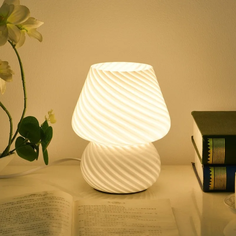 Glass LED Table Lamp Mushroom Bedside Desk Night Light Bedroom Livingroom Home Decor Ins Style Striped Cute Translucent Ring