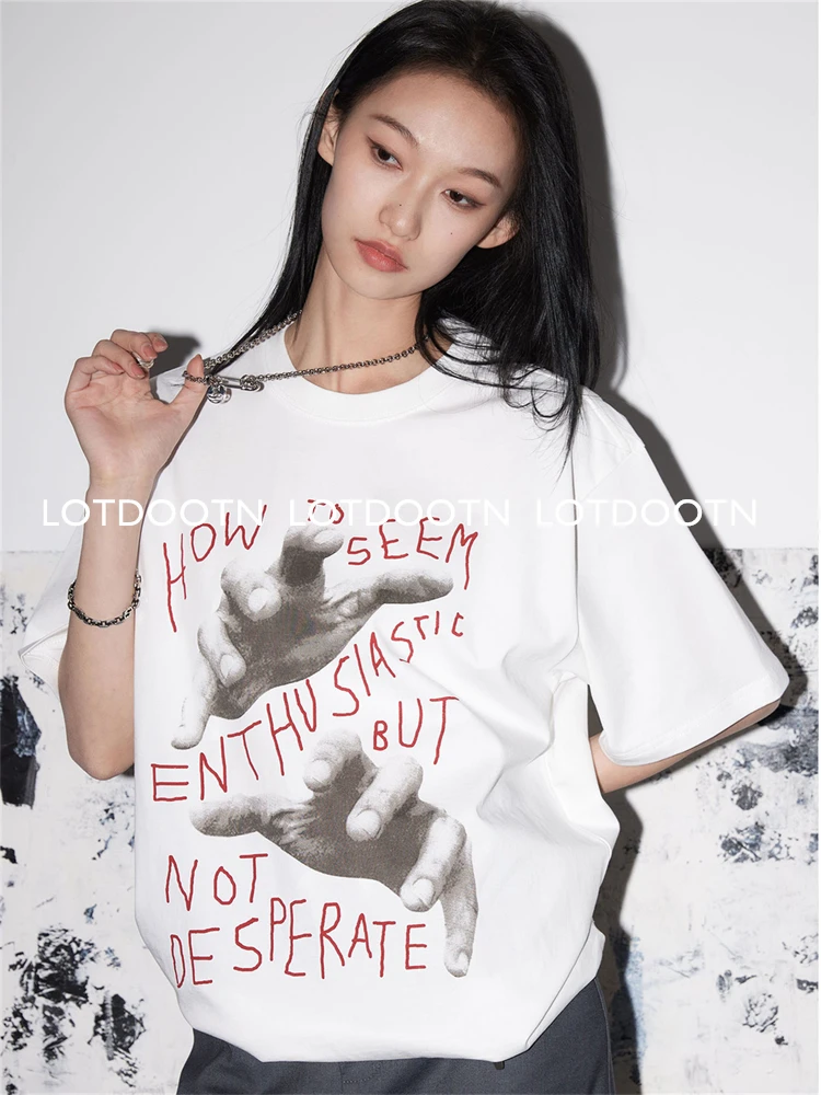 LOTDOOTN 100% Cotton Gothic Tops Women Vintage Graphic Print Patchwork Short Sleeves TShirts Y2k White Aesthetic Tees Streetwear