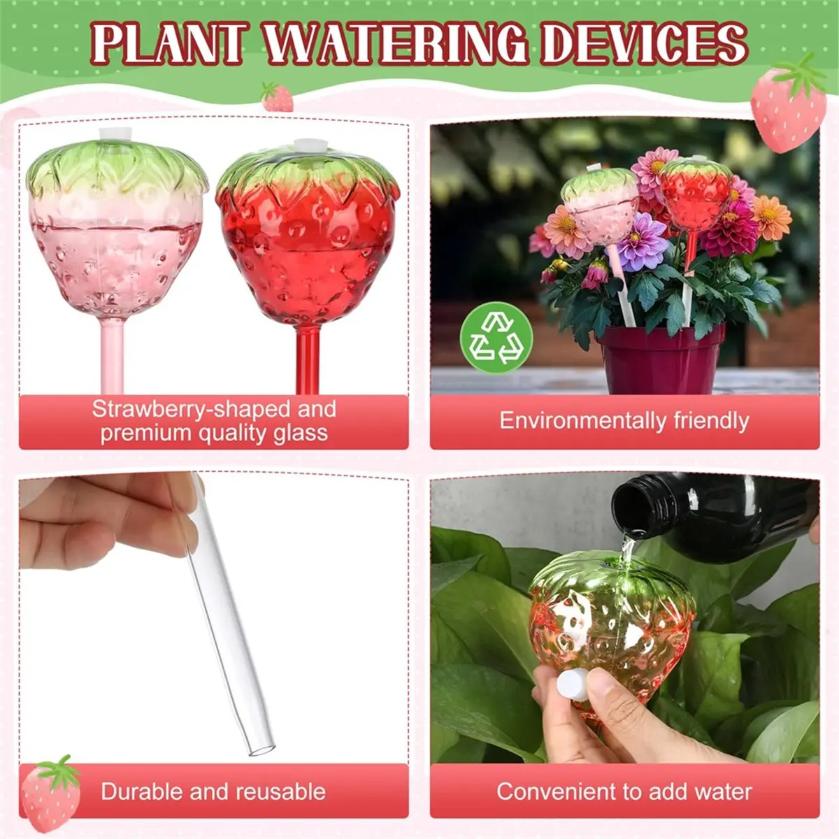 4 Pcs Self Watering Planter Insert, Strawberry Plant Watering Globe with Top-Fill Watering Bulbs for Plant Care Vacation