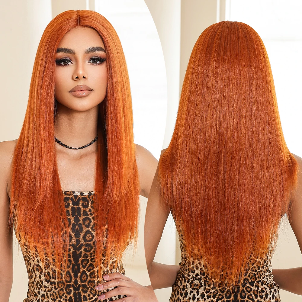 Long Straight Lace Frontal Synthetic Wigs Light Orange Wigs Layered Hair Transparent Lace Wig for Afro Women Brazilian Daily Use