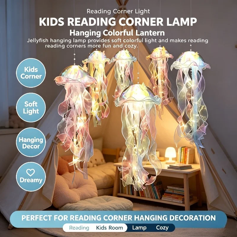 Colorful Hanging Jellyfish Lamp Atmosphere Lantern for Girls Room Bedroom Dreamy Soft Glow Light Kids Gift Bedside Decor