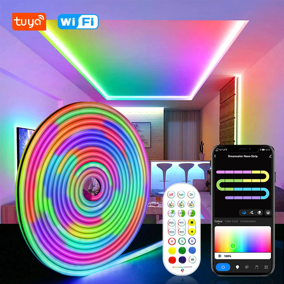 Smart Tuya WiFi RGBIC Neon Light 12V 1m 2m 3m 4m 5m Flexible Led Neon Strip RGB Full Colors Chasing Work With Alexa Google Home