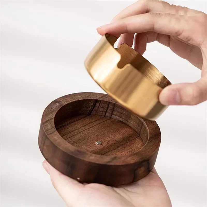 Walnut Wood Ashtray with Lid Windproof Indoor Outdoor Ash Tray Featuring Stainless Steel Liner for Home