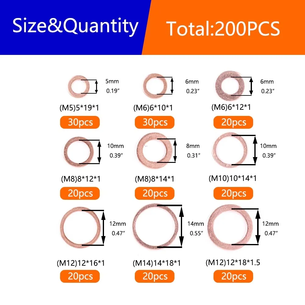 200PCS Assorted M5-M14 Purple Copper Washer Oil Seal Ring O-Ring Combination Box for Mechanical And Engineering Use