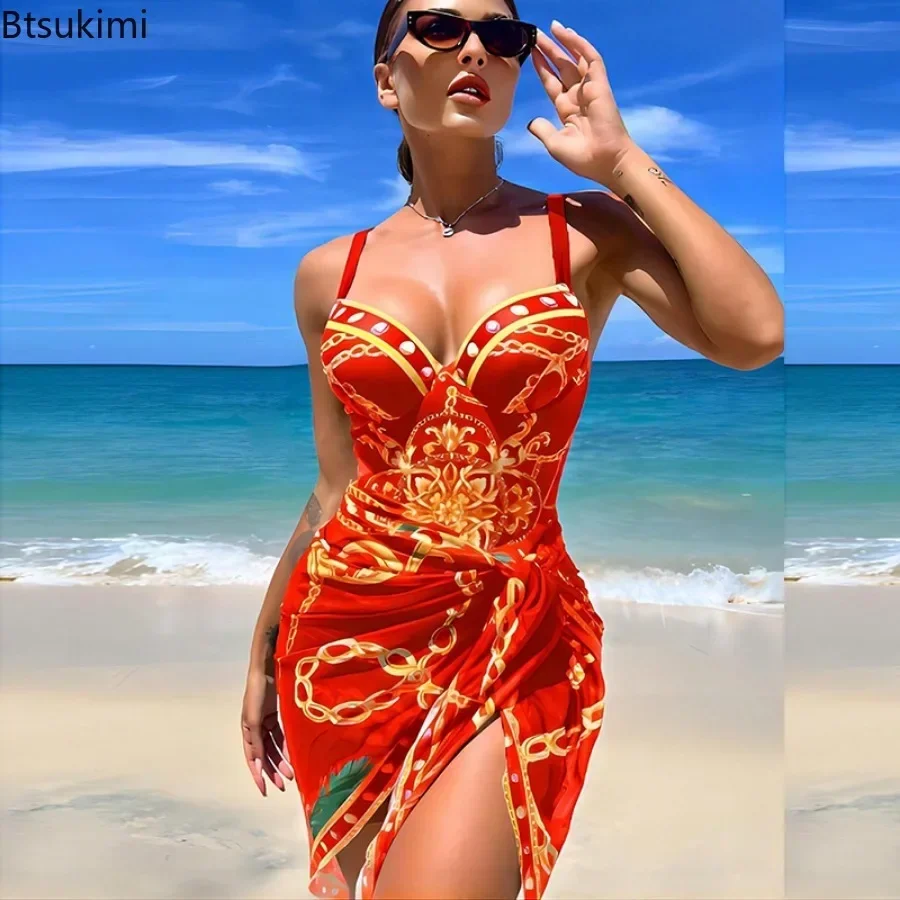 2024Women Summer Print Push Up One Piece Swimsuit With Beach Skirt V Neck Swimwear Women Beachwear Bathing Suit Vintage Monokini