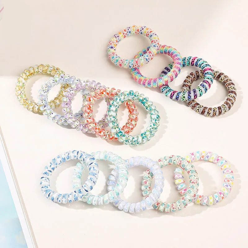 2023 Fashion Candy Color Print Telephone Wire Hair Bands Women Spiral Hair Ties Frosted Elastic Hair Rope Girls Hair Accessories