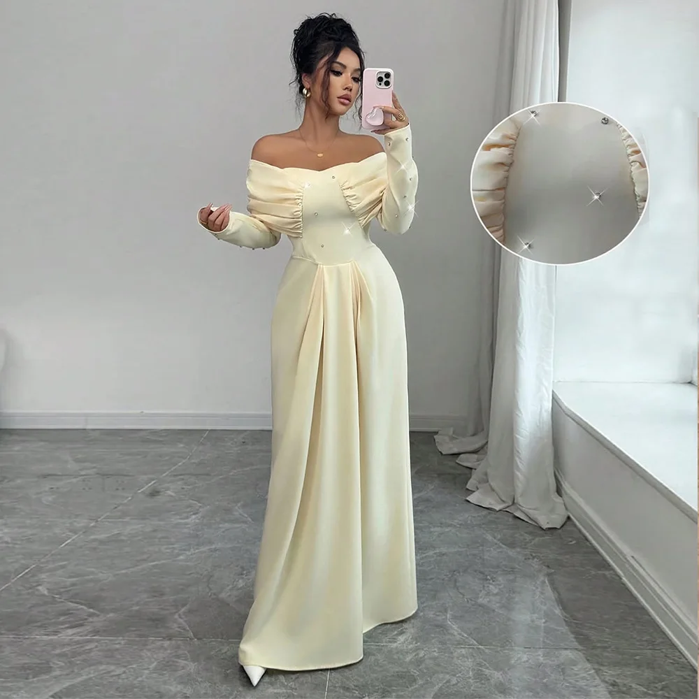 

Customized Off the Shoulder Evening Dresses Beaded Luxury Prom Dress Long for Women Empire Full Sleeves Cocktail Party Gowns