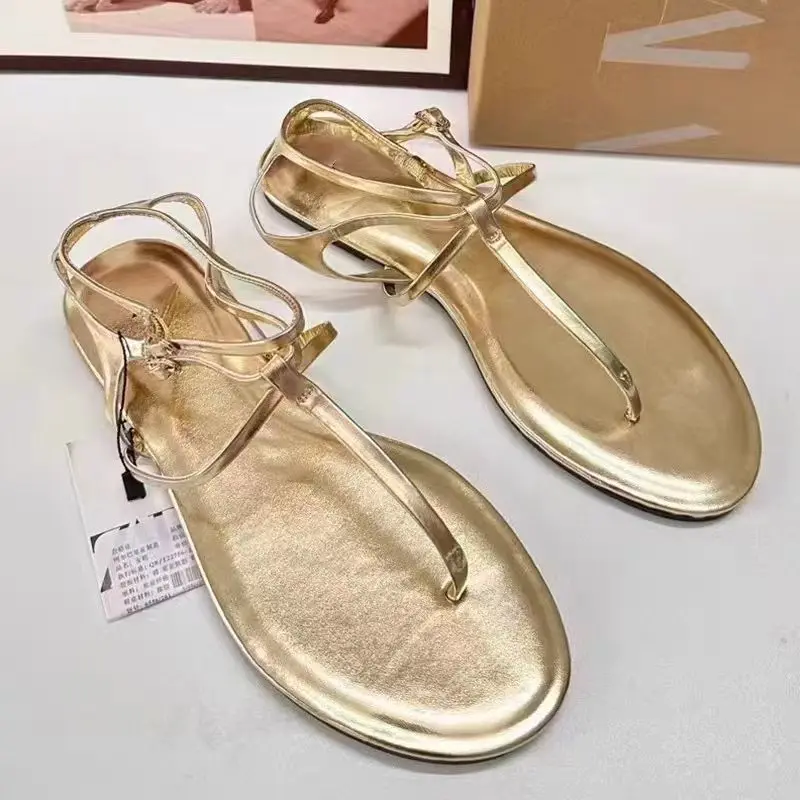 TRAF Woman Gold Cross Strap Clip Toe Sandals Sexy Round Head Flat Sandals 2024 Summer Outdoor Flat Casual Women Beach Sandalias