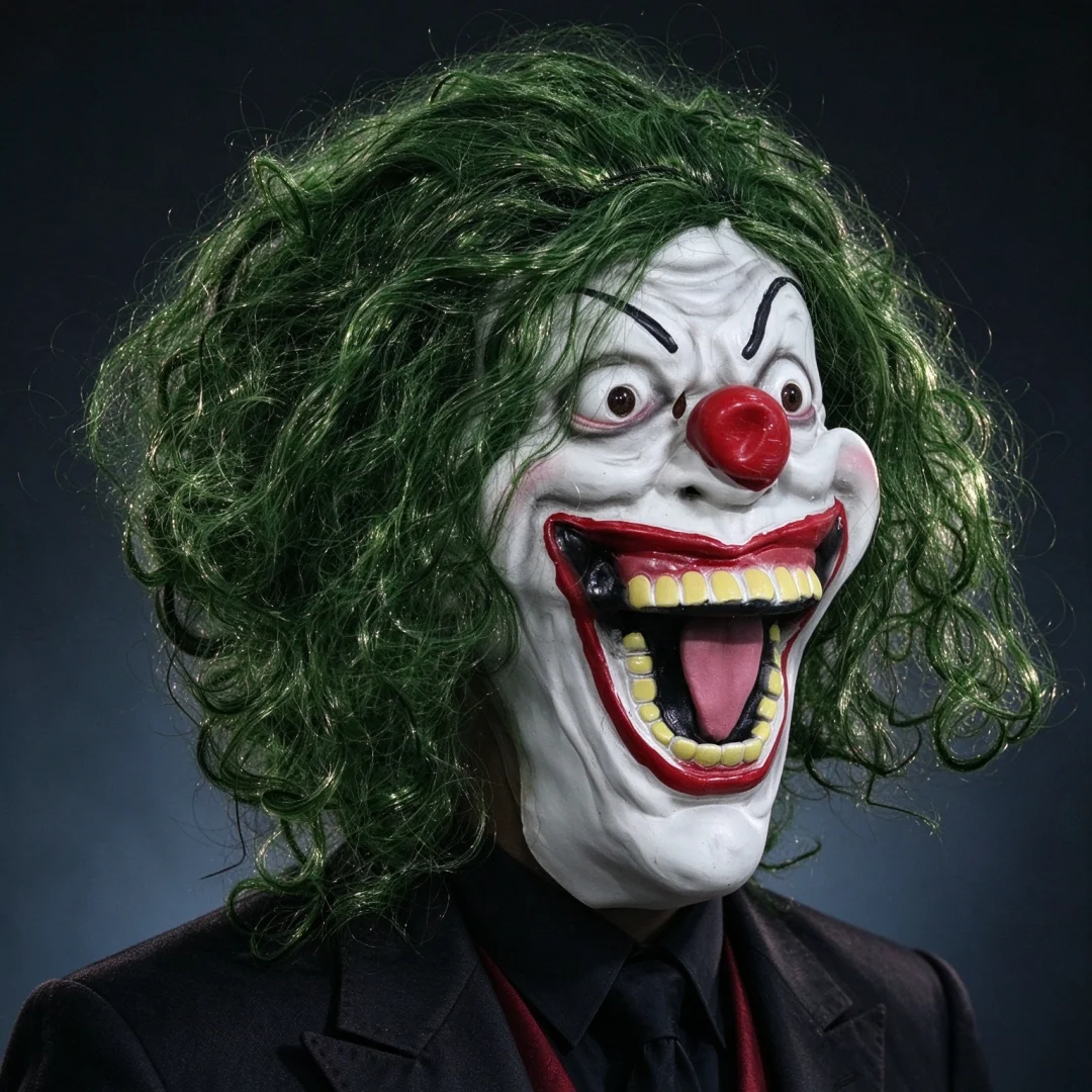 Horror Clown Style Mask Headpiece, Scary Costume Mask with Green Curly Wig & Red Nose, for Halloween Party, Haunted House Escape Room Cosplay Prop, Creepy Full Head Mask for Themed Party Decoration