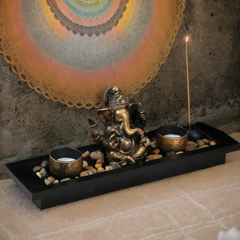 اللون البرونزي الرب غانيشا تمثال بوذا الحلي الفيل الهندوسية الله النحت ديكور مكتب المنزل Tealight حامل تمثال مجموعة