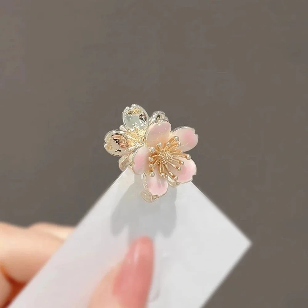 Gold Tone Alloy Floral Inspired Mini Claw Clip Enamel Pink Petals Rhinestone Accents Hair Accessory For Women Girls view 3