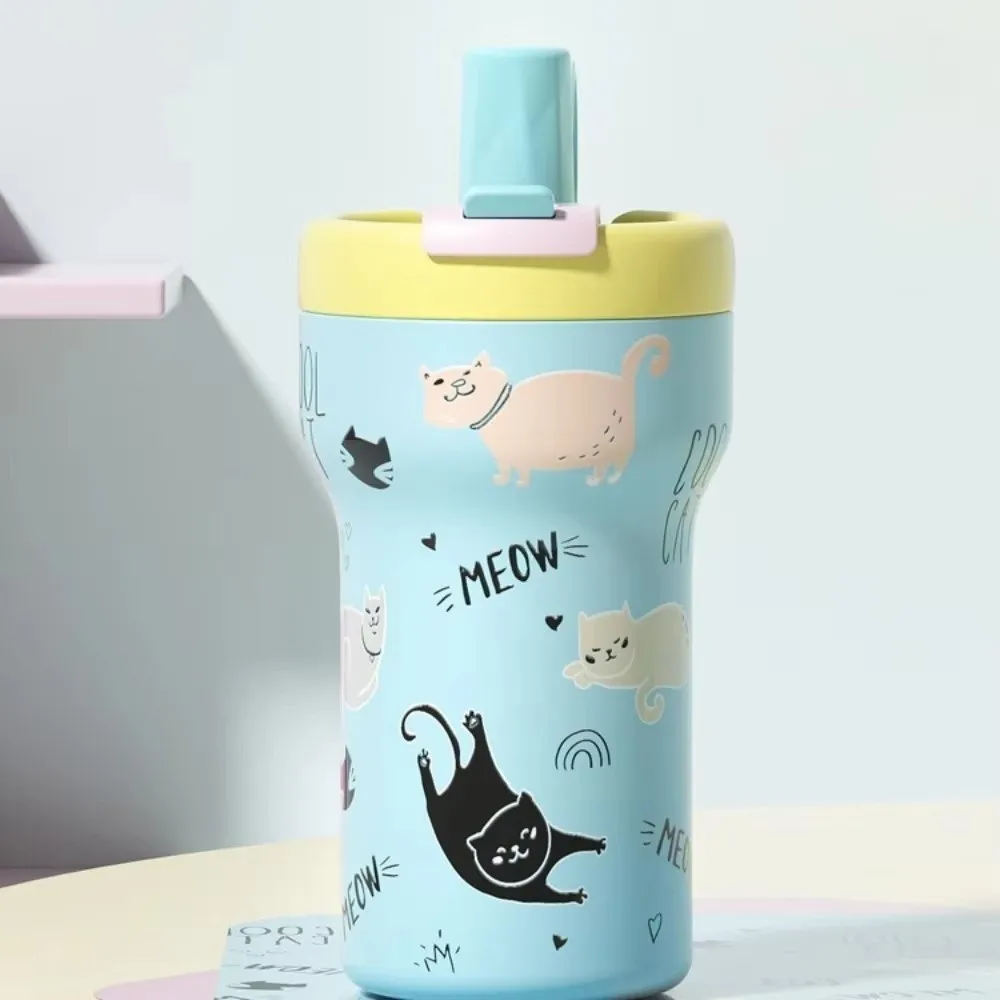 

650ML Stainless Steel Cup Ceramic Inner Liner Double-drinking Straw Thermos Cup Cat Rabbit Pattern Cartoon Insulation Cup