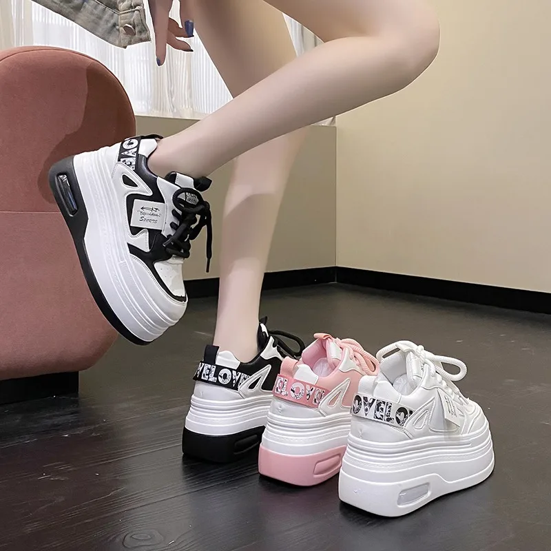 Chunky Leather Women Casual Shoes White Black 8CM High Platform Wedge Heels Sneakers Female Women Spring Autumn Skateboard Shoes