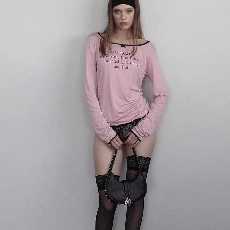 

Slimming Long Sve Base irt round Ne T-irt Women's Faionable American Hot Girl Letter Print Underwear Top