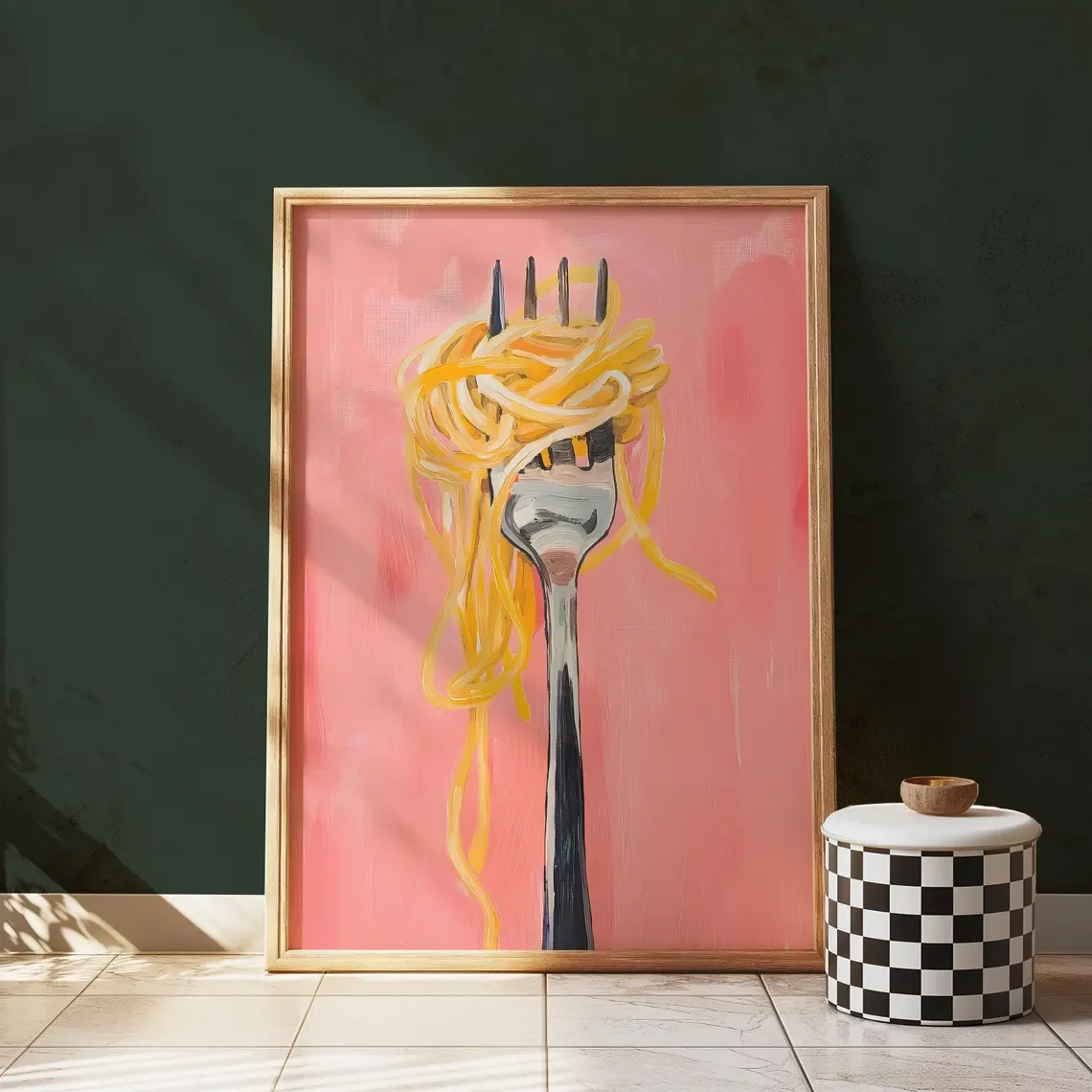 Spaghetti Pasta Fork Pink Matte Vertical Poster Art Print - Wall Decor, Kitchen, Housewarming, Italian Food, Whimsical Painting,