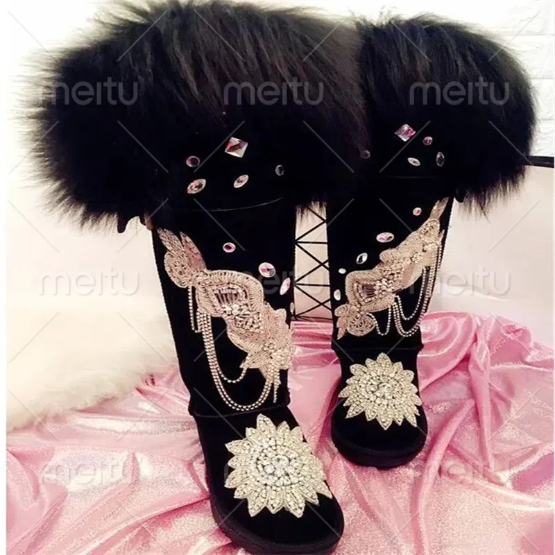 Large fox hair rhine-drill over the knee fur one snow boots handmade custom banquet party large size women's cotton boots 35-44