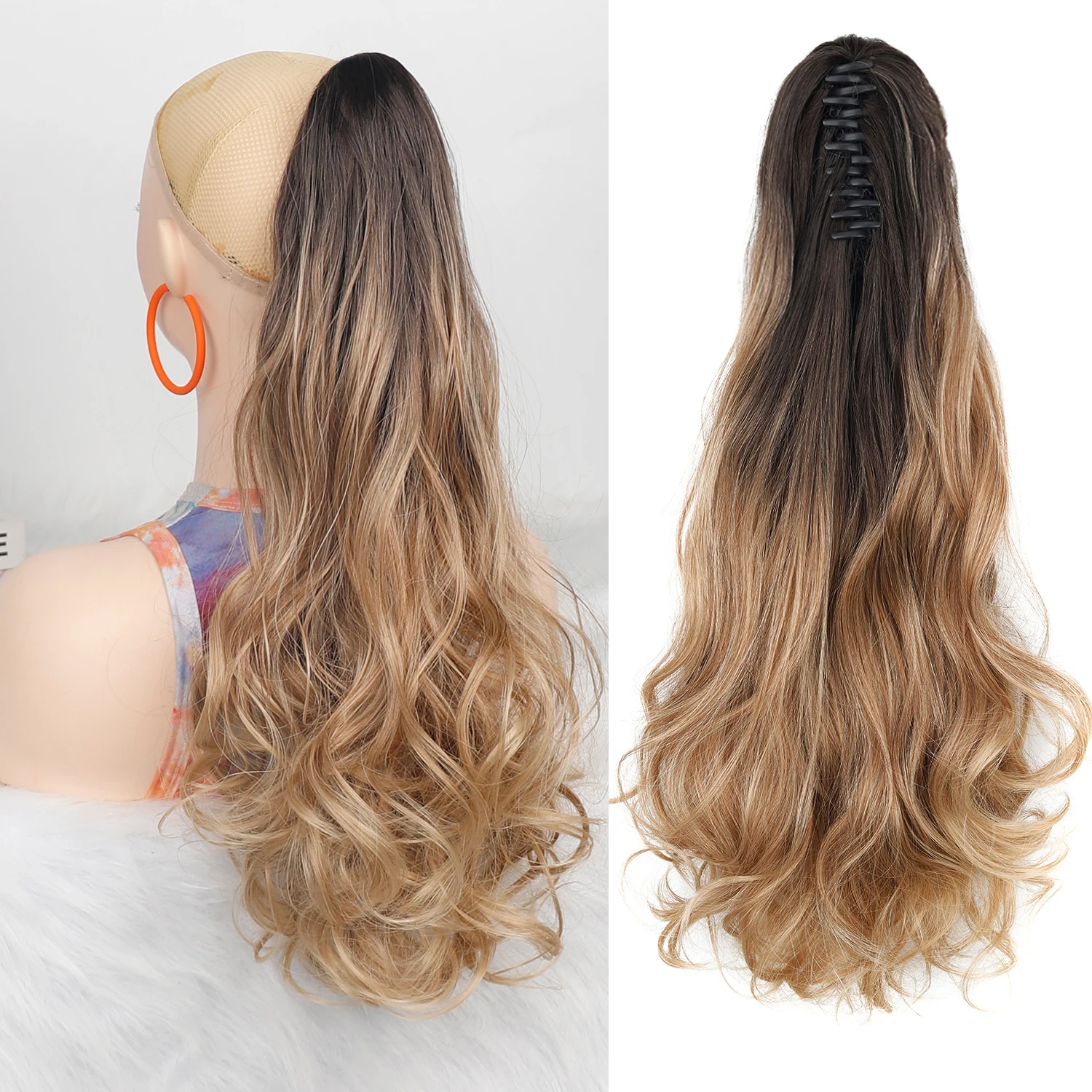 الاصطناعية طويلة متموجة ذيل حصان الشعر التمديد مخلب كليب في الشعر ذيل حصان براون شقراء أومبير اللون للنساء هيربيسي الاستخدام اليومي #2