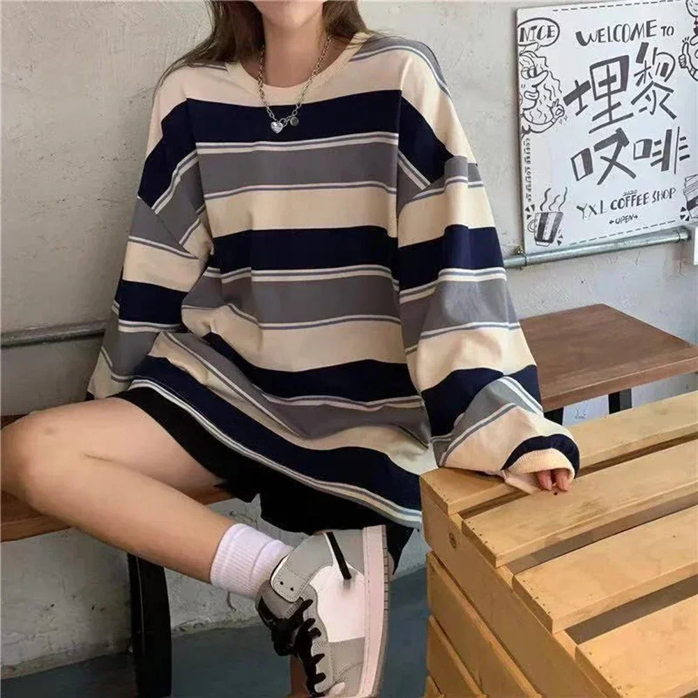 Autumn Hoodies Striped Oversized Sweatshirt Women Harajuku Pullovers Korean Fashion Couples Matching Long Sleeve Tops Streetwear