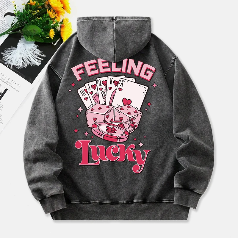 Feeling Lucky Washed Hoodies Womens Poker Dice Printing Cotton Pullovers Comfortable Pocket Oversize Hoody Casual Womans Clothes