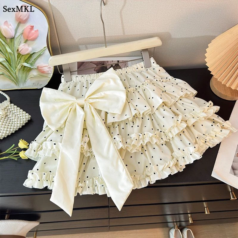 Womens Summer Mini Skirt Sweet Ball Gown Polka Dot Elastic Waist Y2k Clothes Lolita Ladies Casual Bow Pumpkin Skirts with Shorts