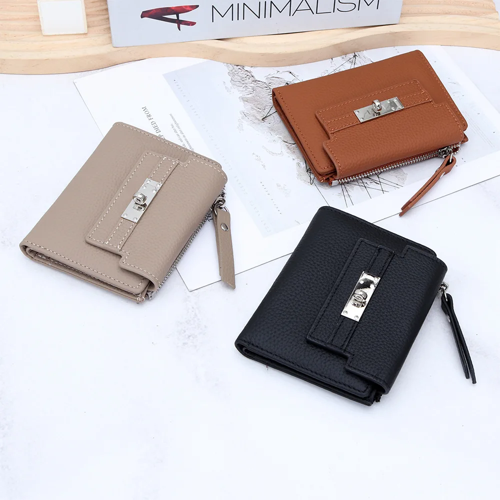 New Women's Full Genuine Leather Short Wallet, Large Capacity Tri-fold Coin Purse with Multiple Card Slots for ID and Change
