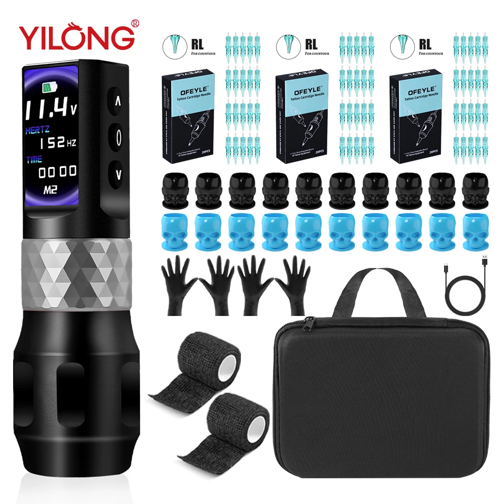 YILONG F6 Brushless MotorTattoo Machine Kit With 30Pcs Tattoo Needles Wireless Tattoo Machine Pen Sets Complete Tattoo Kits