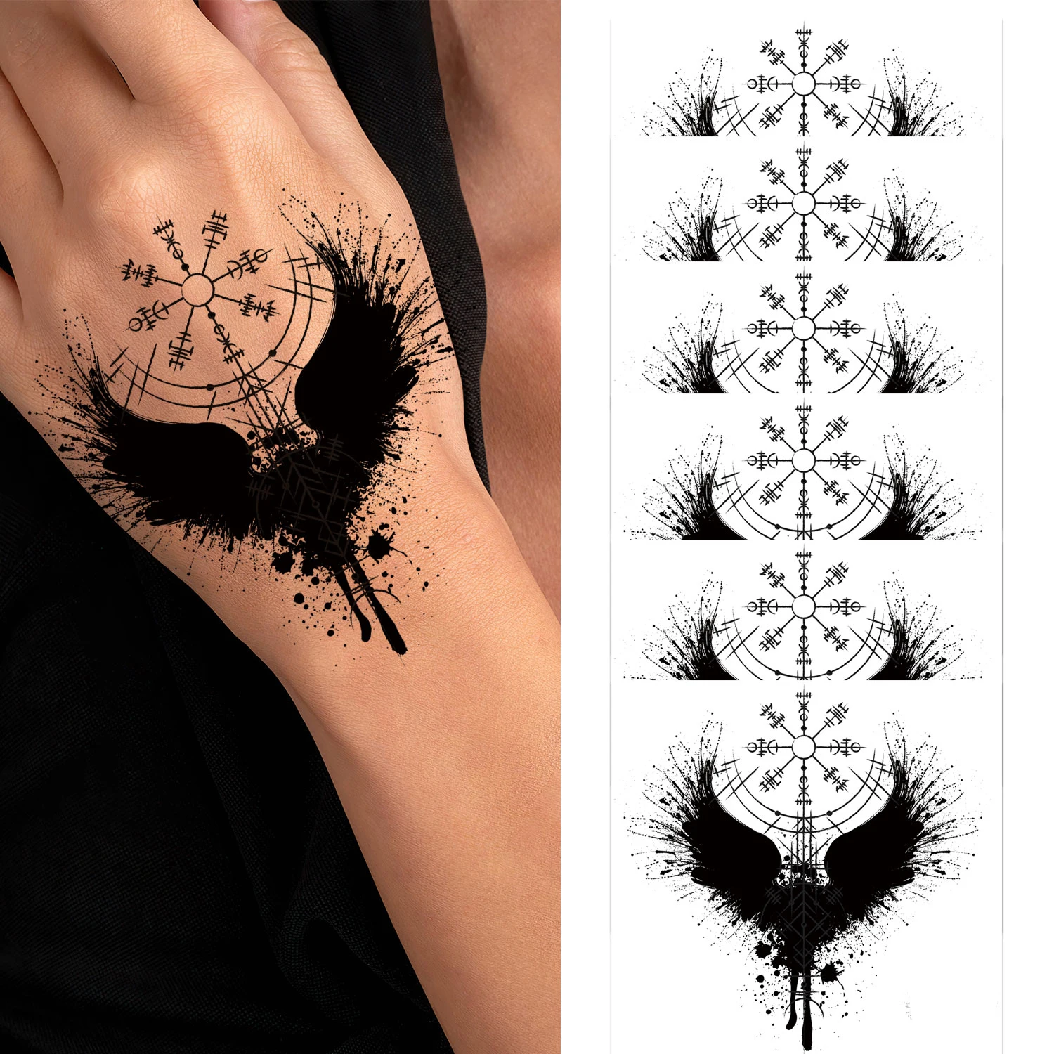 6 Sheets Temporary Tattoo Helm of Awe Viking Symbol Viking Fake Tattoos Norse Wing Tattoos Neck Chest for Women Men Adults