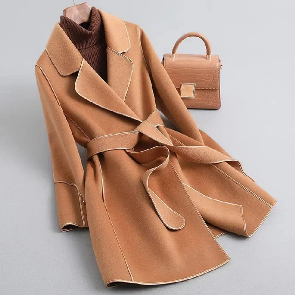 Polyester Fabric Coat for Extra Warmth Elegant Korean Style Women's Mid-length Coat with Waist Belt Lapel Collar for Fashionable