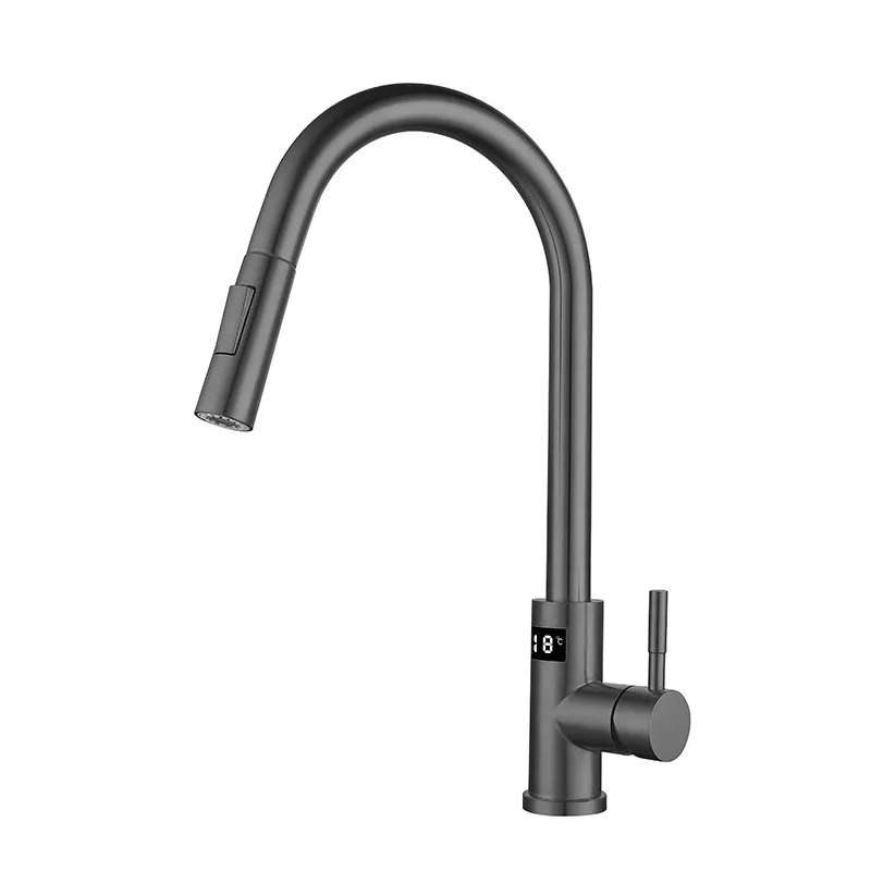 Bathroom Accessories Gun Gray Large Bend with Digital Display, Hot and Cold Rotating, Pull-out Sink, Kitchen Faucet