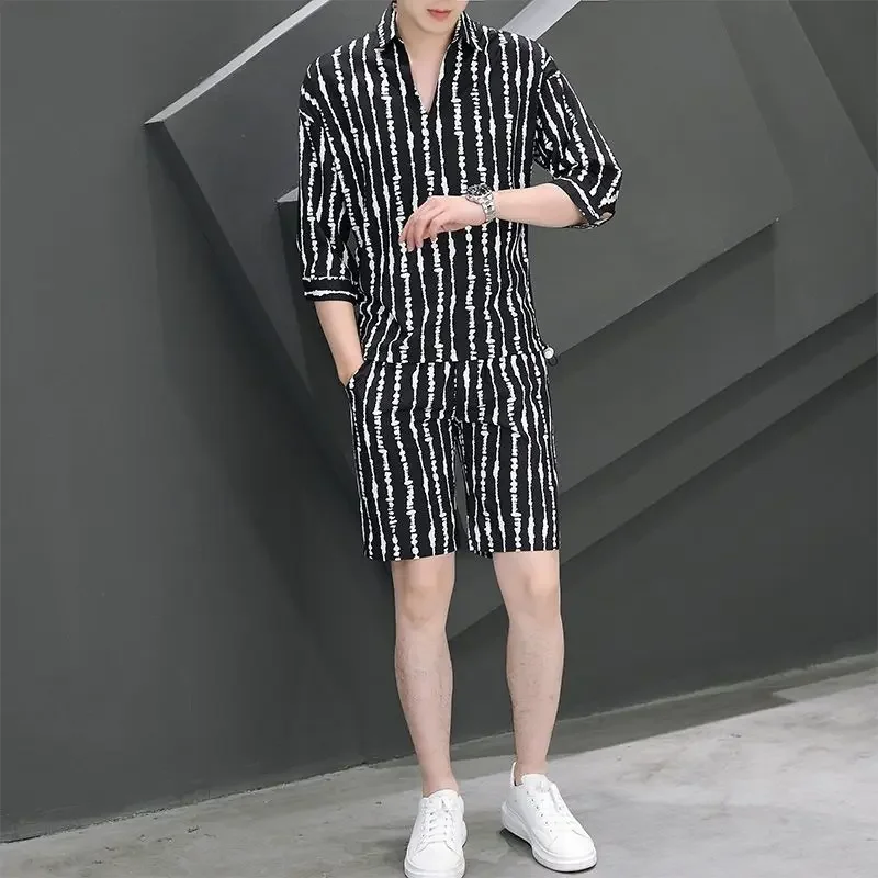 Male T Shirt Short Sets Workout White No Logo Quarter Sleeve 2 Piece Outfit Men\'s Shorts Set Cool Korean Two Novelty in Outfits