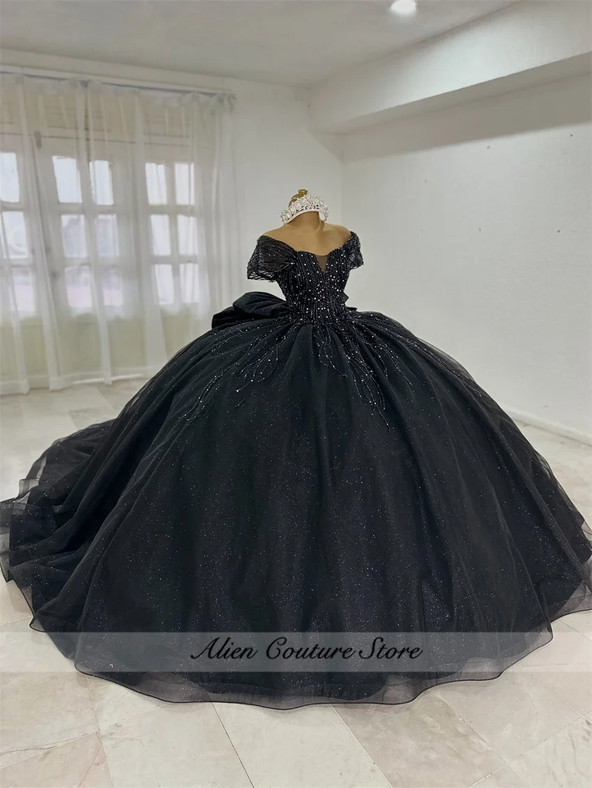 Glitter Zwart Quinceanera Jurken Baljurk Vestidos De 15 Anos Off-Shoulder Zoete 16e Verjaardag XV Prinses Partij Aangepaste