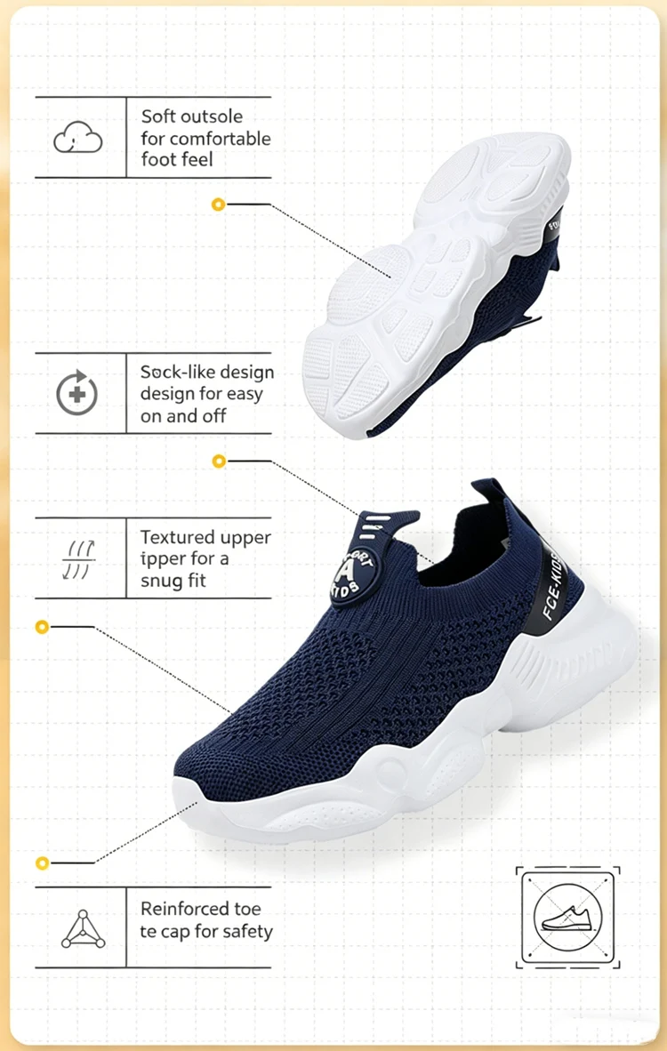 Sommerliche Freizeitschuhe für Kinder, atmungsaktive Strick-Sneaker für Kinder, Slip-Ons, Laufschuhe für Jungen, leichte, bequeme Wanderschuhe – Detail 3