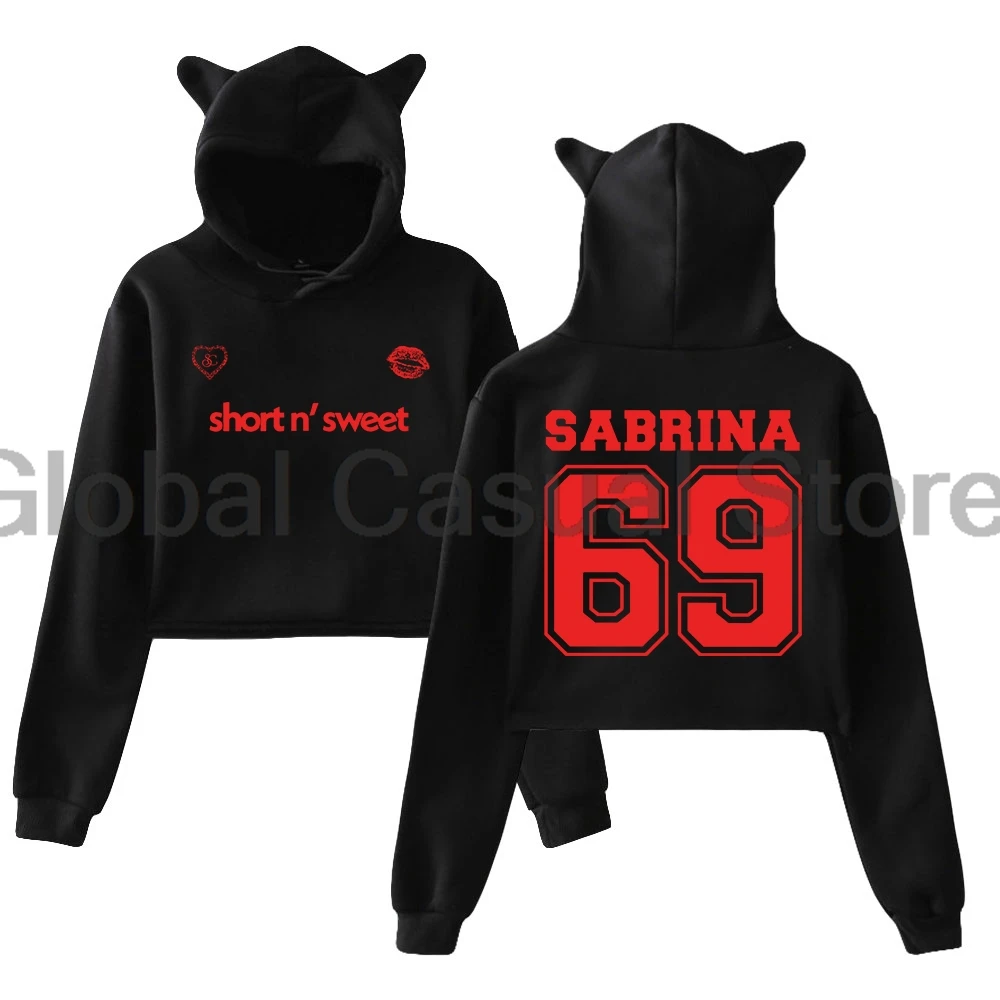 Sabrina Carpenter Short n' Sweet Pullover 69 Logo Streetwear Cat Ears Hoodie Long Sleeve Crop Top Women's Clothes