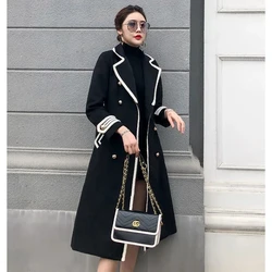 White Woolen Coat Women Mid-length Autumn/Winter Jacket Coat British Hepburn Thicken Slim Black Double-breasted Coat Trench Coat