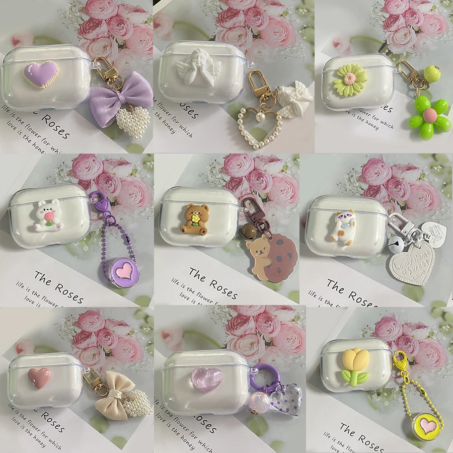 For JBL Wave BEAM 2 Case Cute Bear/flower Keychain Transparent Earphone Silicone Cover for JBL TUNE BEAM 2 Cover