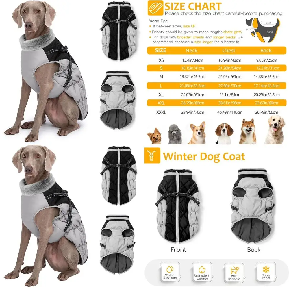 

Thick Black 3XL Waterproof Windproof Dog Vest with Reflective Strips for Cold Weather, Adjustable Harness & Zipper