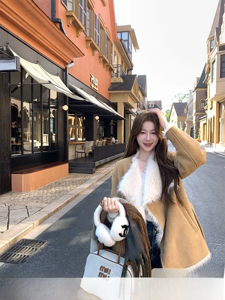

Korean Sle Women's Fur Coat Autumn Winter Suede One-Piece Fur Jaet Warm Long Sve Straight Hem Loose Fit Chinese Brand