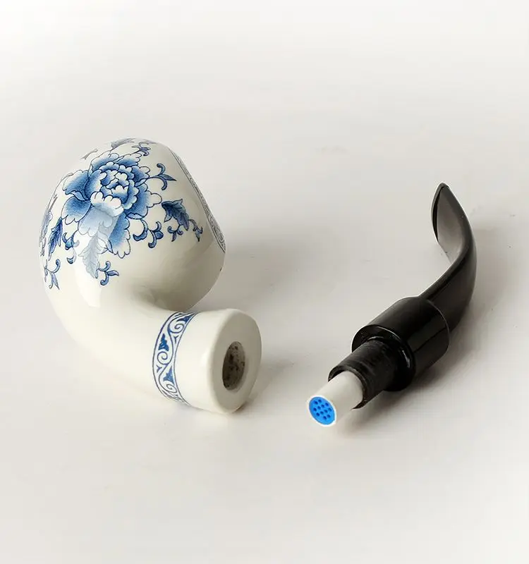 RU MuXiang Ceramic tobacco pipe Chinese style Blue and white porcelain decorations A set of smoking pipes: pipes with pipe racks