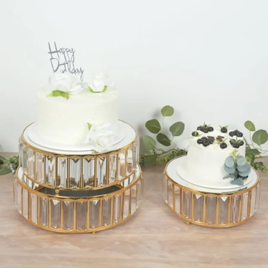 

Set of 3 Crystal Pendant Gold Metal Cake Stands Stackable Round Dessert Display Trays with Mirror Top - 9" 11" 12"