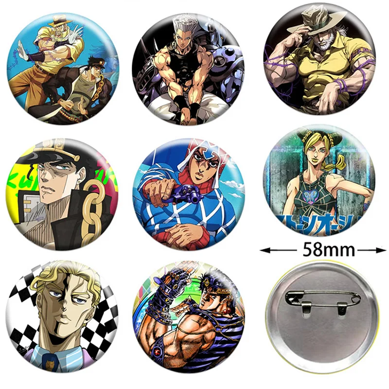 58mm JOJO Anime figure Round Badge Brooches Cool Creative Pins For Clothes Hat Backpack cosplay Decorate Accessories Gift Toy view 2