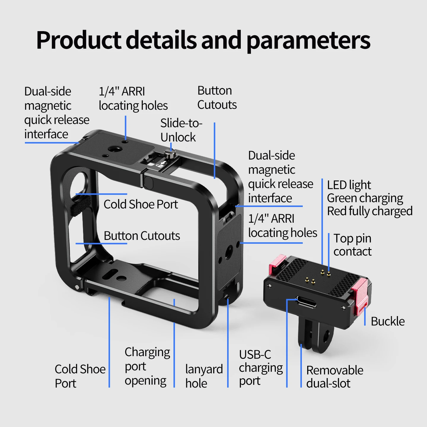 Aufladbarer magnetischer Kamerakäfig-Stativadapter für DJI Osmo Nano Kamera, Selfie-Stick, Fahrrad-Rucksackhalterung für Mikrofon- und Lichterweiterung – Detail 23