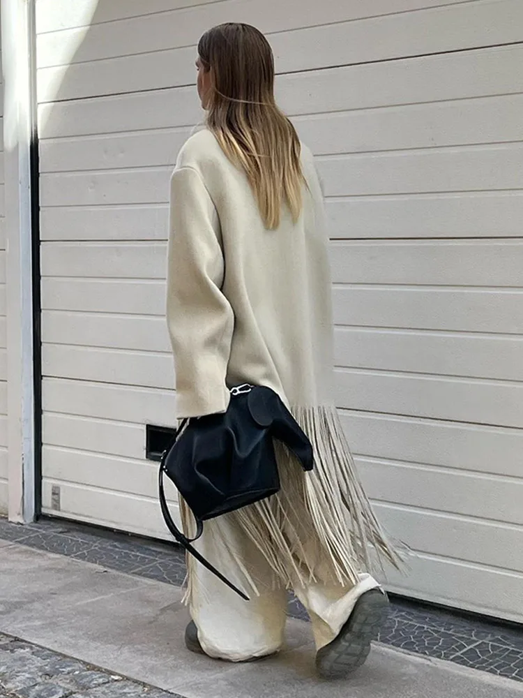 Quaste Aprikose Damen mantel elegante Herbst Langarm Revers weibliche Mäntel 2023 Winter mode Streetwear Tasche Dame Mäntel