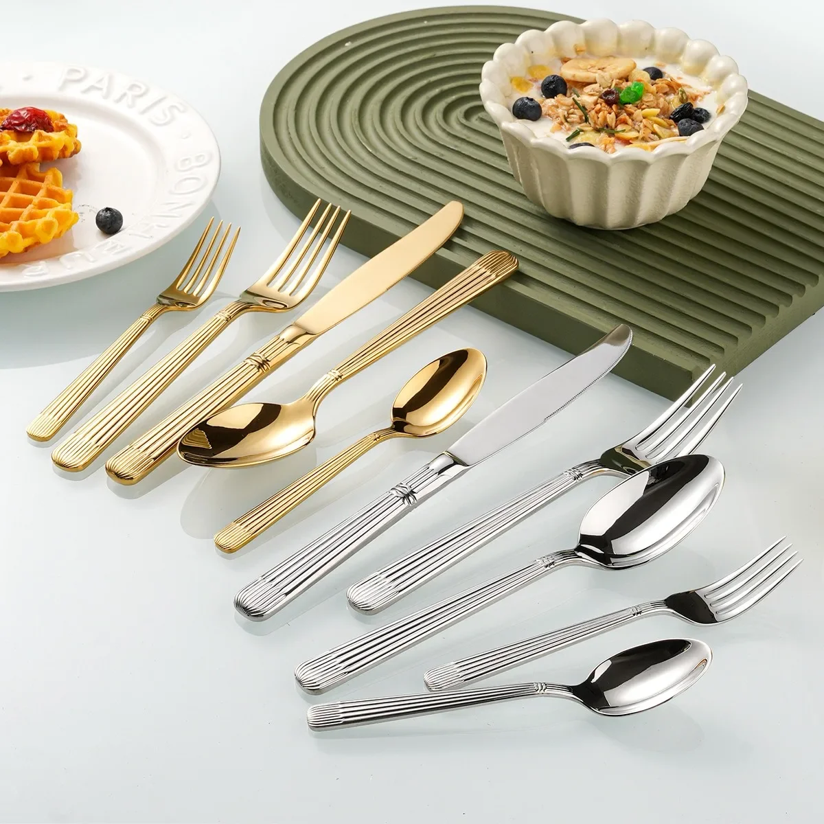 Luxury Stainless Steel Cutlery Set Silver, Creativity Gift Set, Flatware Partial Gold 304, 24Pcs, Europe Fashion, Drop Shipping