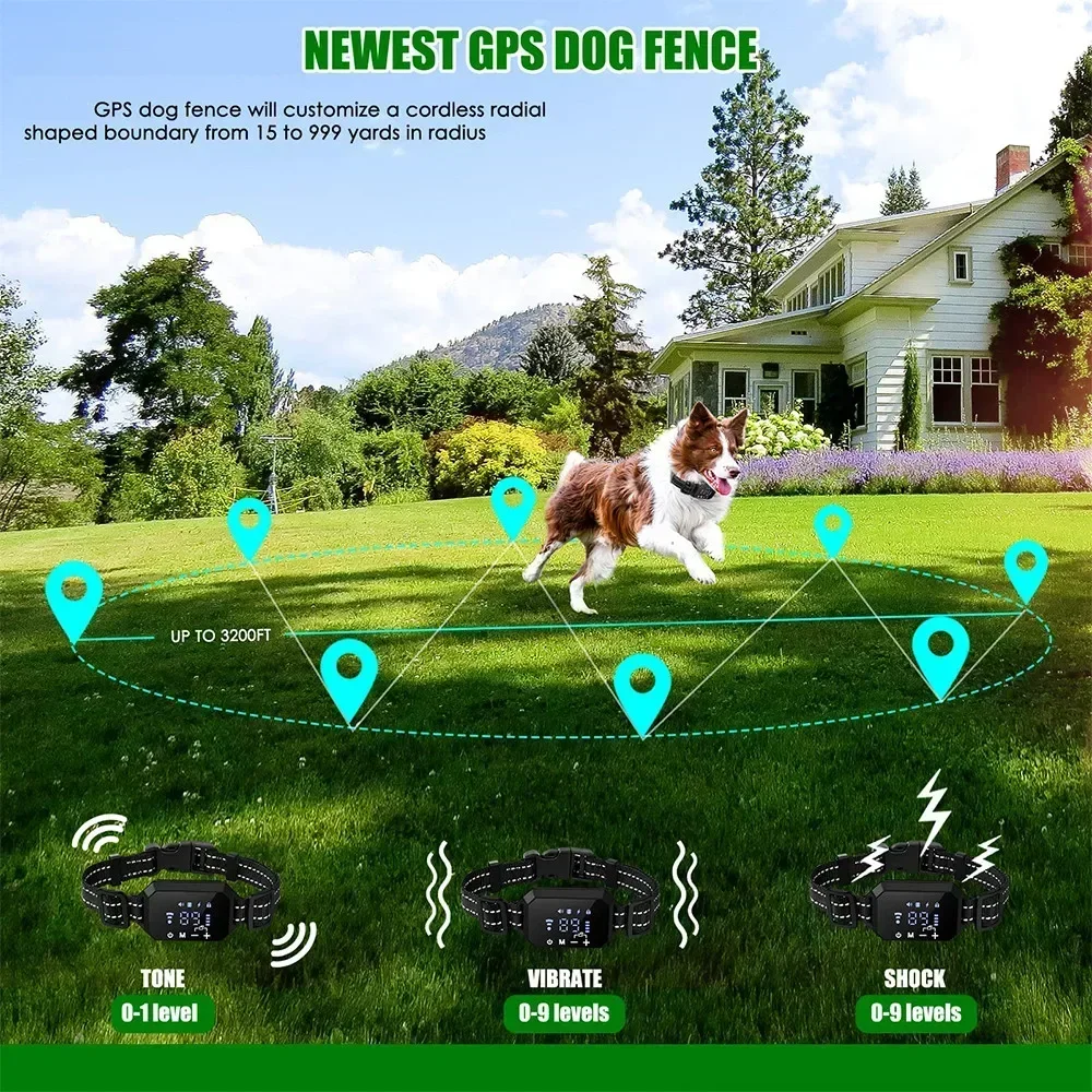 Electric Shock Vibrate Fencing Device, GPS Wireless Dog Fence Adjustable Warning Strength for Dogs Training Collars Accessories