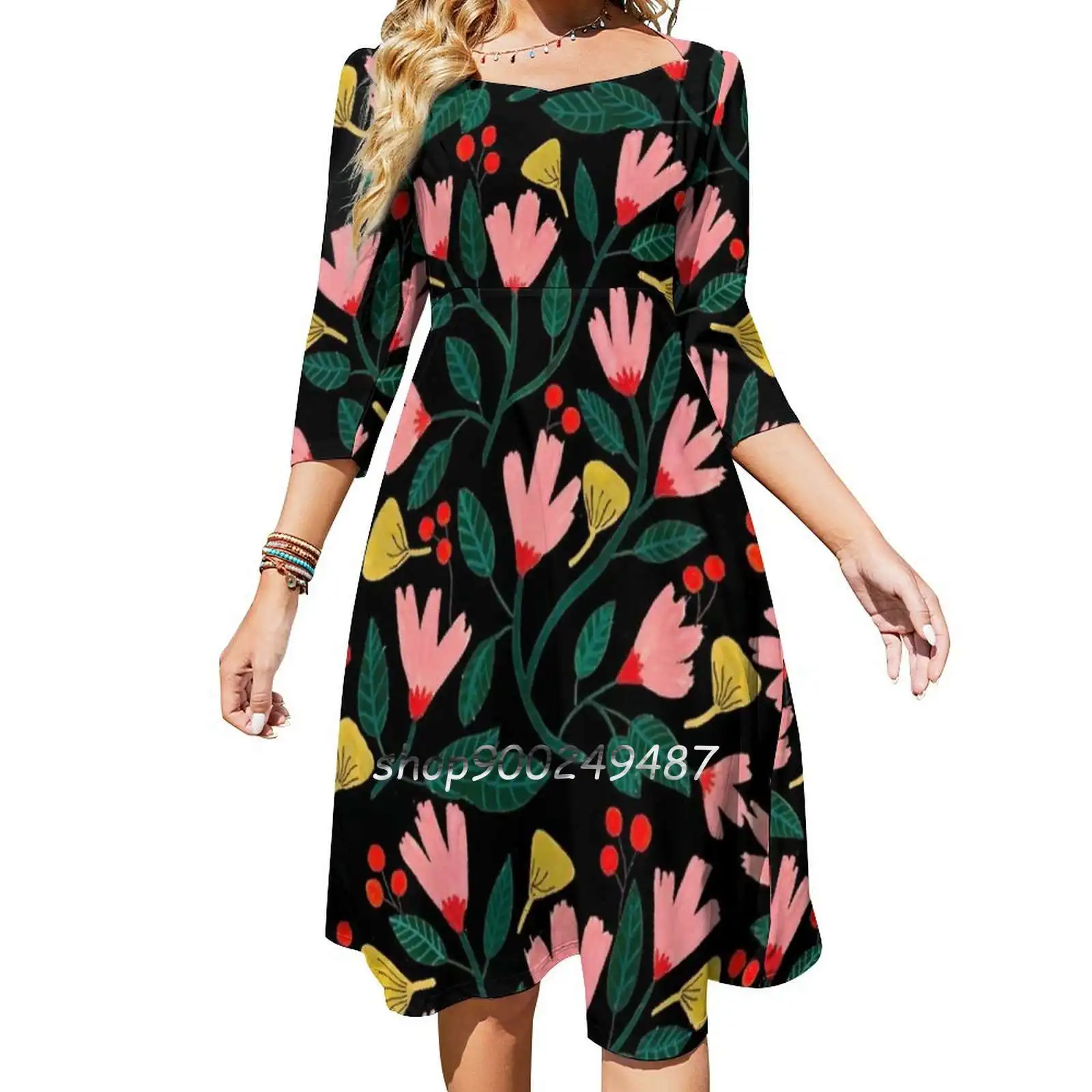 

Pink Florals On Black Sweetheart Knot Flared Dress Fashion Design Large Size Loose Dress Gouache Floral Floral Pattern Flowers