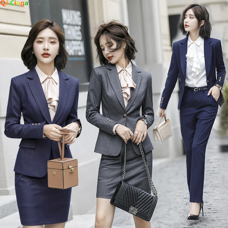 Women's Slim Blazer Jacket with Trousers, OL Commuter Style Suit, 2 Piece Sets, 3 Piece Sets, Stylish, A Skirt