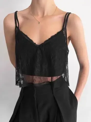 

Sexy Perspective Black Camisole Vest for Women In Autumn 2025 Pure Desire Loose Sexy Spicy Girl Crop Tank Top Women's Clothing