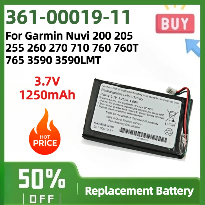 361‑00019‑11 Replacement Battery 3.7V 1250mAh for Garmin Nuvi 200 205 255 260 270 710 760 760T 765 3590 3590LMT GPS Navigator